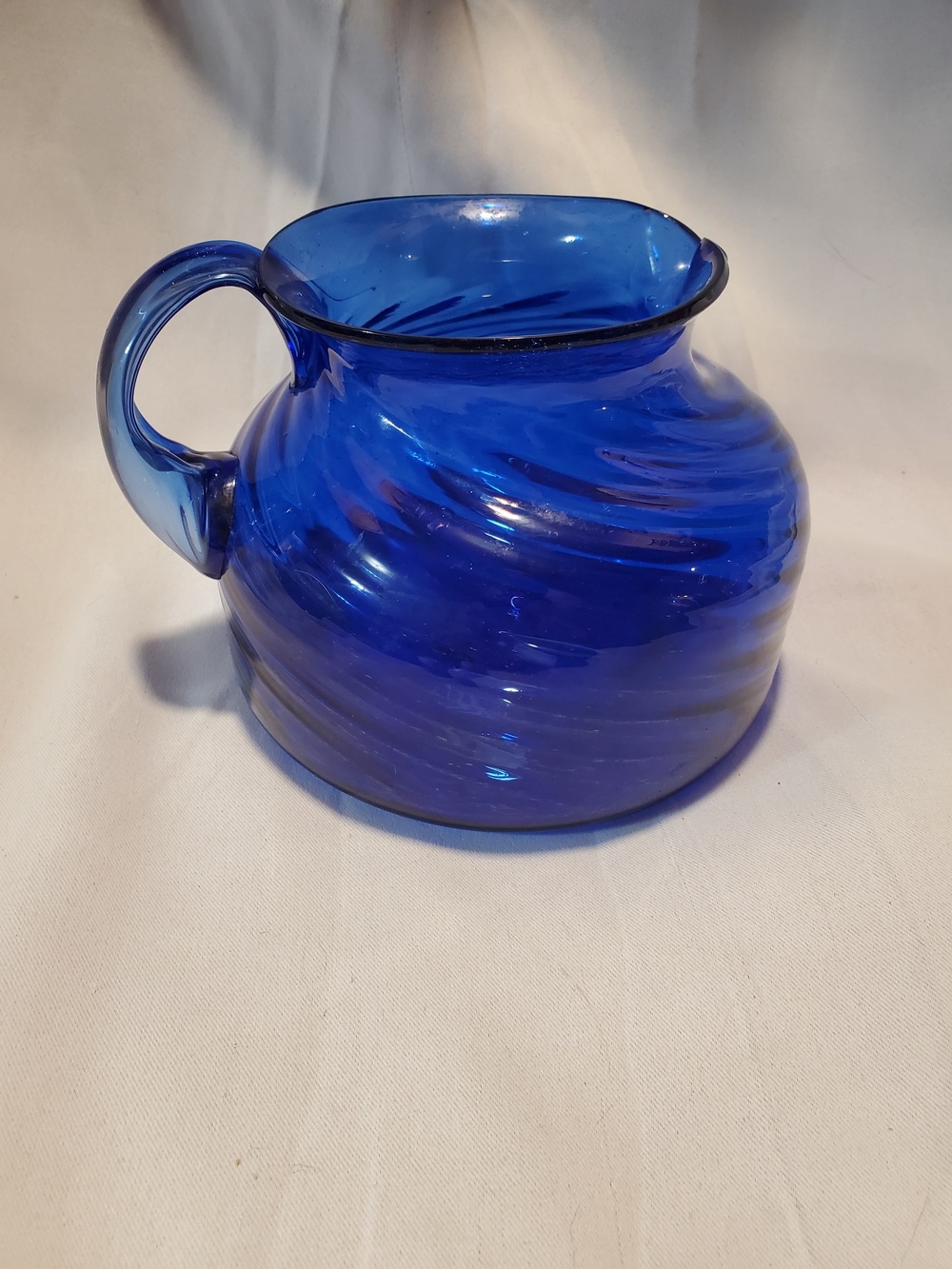 Mid-Century Cobalt Blue Optic Spiral Hand Blown Glass Pitcher / Creamer